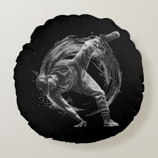 Breakdance Urban Style Monochrome Motion Art Rond Kussen (Voorkant)