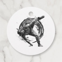 Breakdancer in actie, in inktspatterstijl bedankjes labels