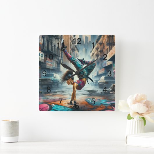 Breakdancer Vrouwen in actie New York silhouet Vierkante Klok (Huis)