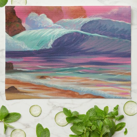 Breakers bij zonsondergang theedoek (Gevouwen)