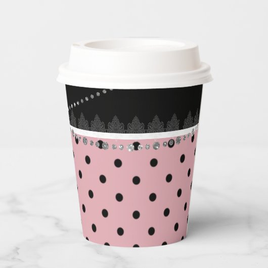 Breakfast & Brunch roze & black polka damask Papieren Bekers (Achterkant)