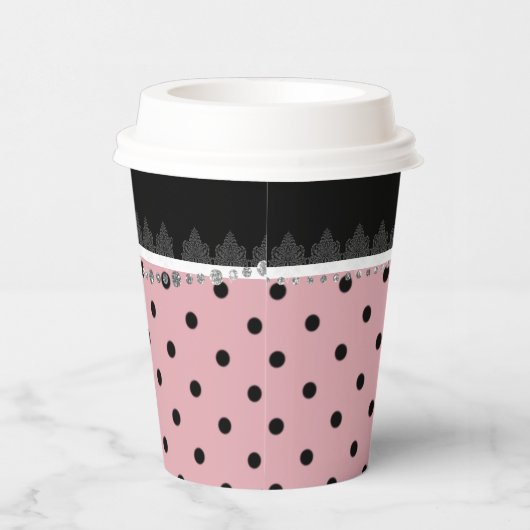 Breakfast & Brunch roze & black polka damask Papieren Bekers (Rechts)