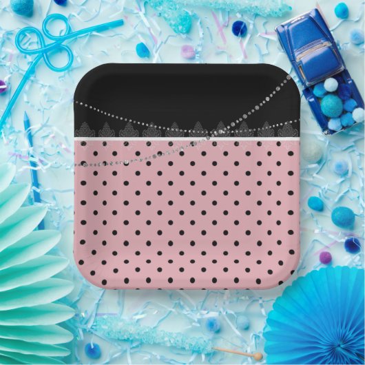 Breakfast en Brunch Pink en zwarte polka punten Papieren Bordje (Feest)