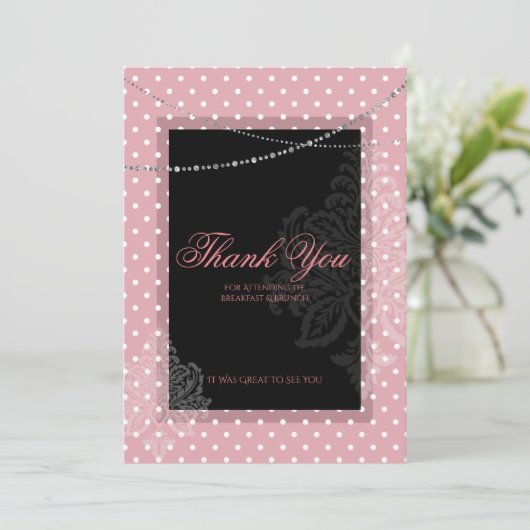 Breakfast en brunch roze en witte polka dots kaart (Staand voorkant)