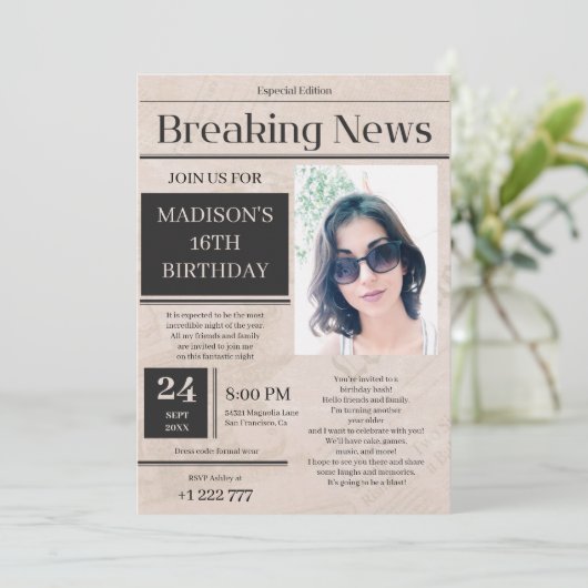 Breaking News Uitnodiging voor verjaardag (Staand voorkant)
