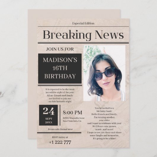 Breaking News Uitnodiging voor verjaardag (Voorkant / Achterkant)