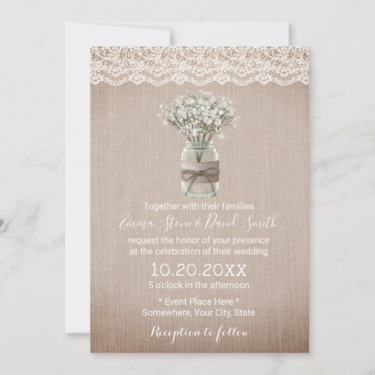 Breath Floral Jar Rustic Burlap Wedding Kaart (Voorkant)