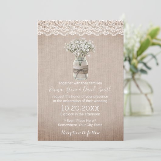 Breath Floral Jar Rustic Burlap Wedding Kaart (Staand voorkant)