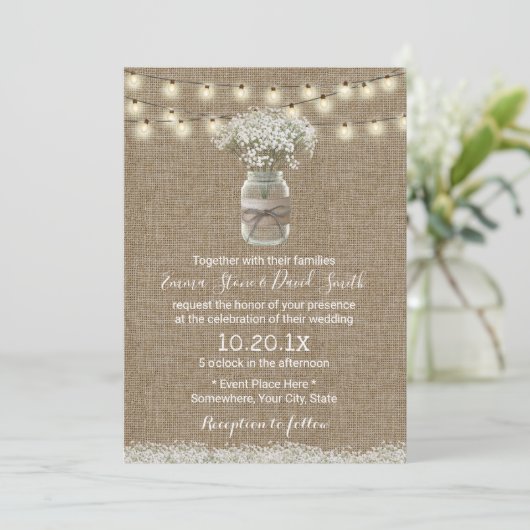 Breath Floral Jar Rustic Burlap Wedding Kaart (Staand voorkant)