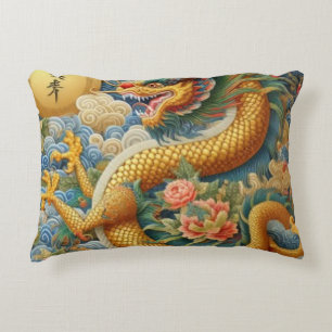 Breathe Fire Chinoiserie Dragon Gold Accent Kussen