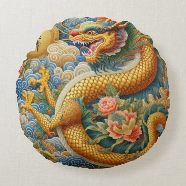 Breathe Fire Chinoiserie Dragon Gold Rond Kussen (Voorkant)