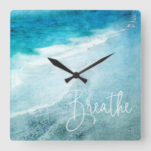 Breathe Yoga Quote Retro Beach Blauwgroen Blauwe O Vierkante Klok