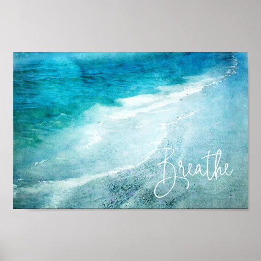 Breathe Yoga Quote Retro Beach Teal Blue Ocean Poster (Voorkant)