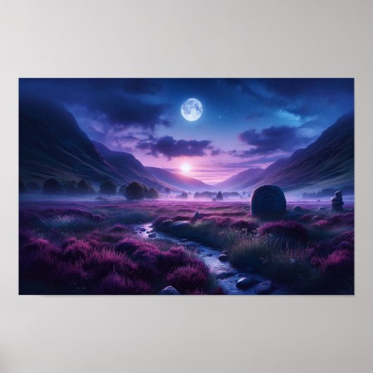 Breathtaking Indigo Twilight Highland Moonlit  Poster (Voorkant)