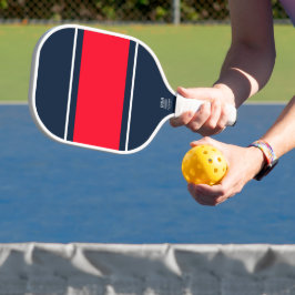 Brede felrode witte racestrepen op marineblauw pickleball paddle