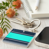 Brede heldere Aqua White Racing Stripes op Marine Sleutelhanger (Voorkant Rechts)