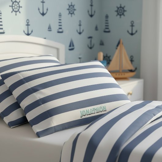 Brede maritieme gestreepte weefsel marine wit ID12 Kussensloop