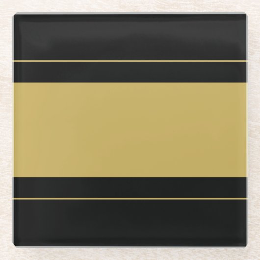 Brede sportieve gouden tan racestrepen op zwart glazen onderzetter (Voorkant)