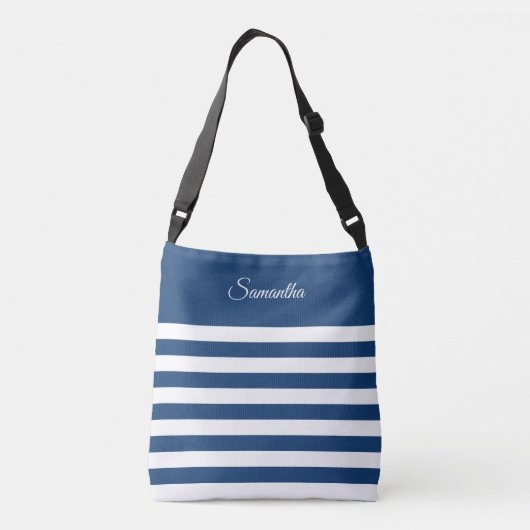 Brede strepen in blauw en wit of kies uw kleuren crossbody tas (Achterkant)
