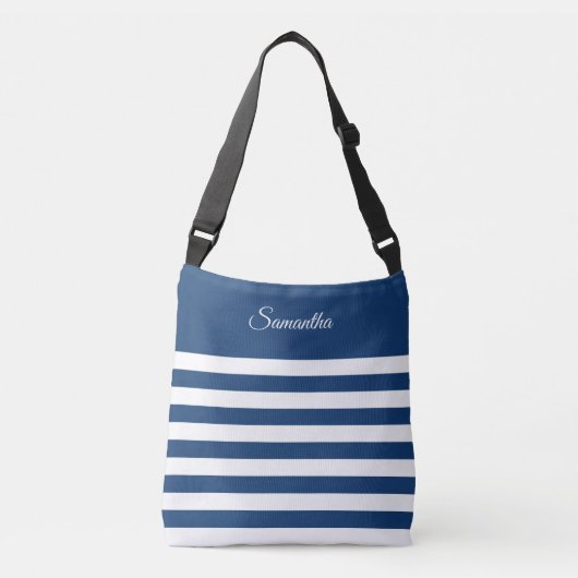 Brede strepen in blauw en wit of kies uw kleuren crossbody tas (Voorkant)