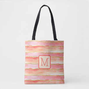 Brede strepen Tangerine kleurblokmonogram Tote Bag