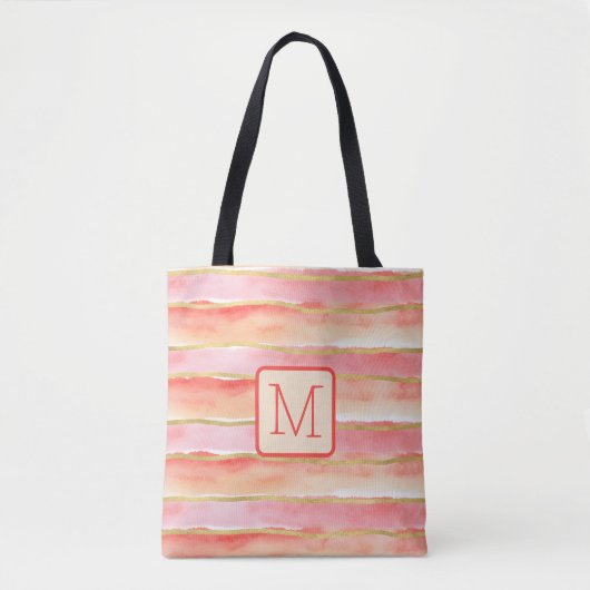 Brede strepen Tangerine kleurblokmonogram Tote Bag (Voorkant)