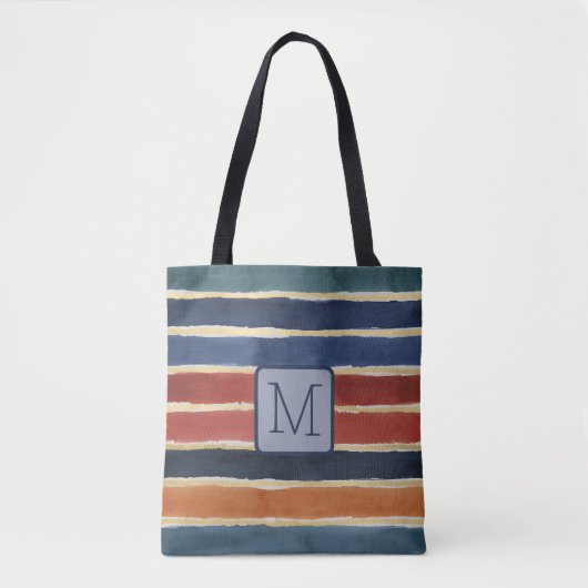 Brede waterverfstrepen Navy kleurblokmonogram Tote Bag (Voorkant)