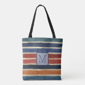 Brede waterverfstrepen Navy kleurblokmonogram Tote Bag (Achterkant)