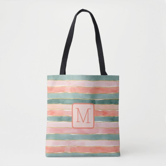 Brede waterverfstrepen perzik kleurblokmonogram tote bag (Voorkant)