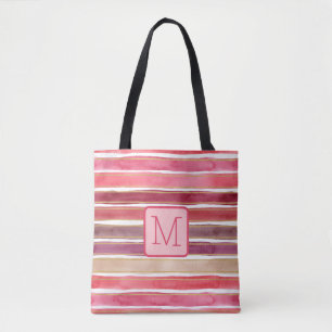 Brede waterverfstrepen Roze kleurblokmonogram Tote Bag