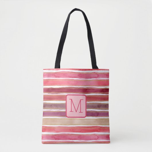 Brede waterverfstrepen Roze kleurblokmonogram Tote Bag (Voorkant)