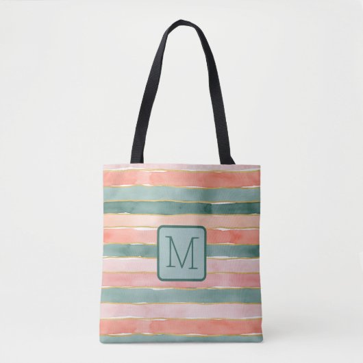 Brede waterverfstrepen Teals kleurblokmonogram Tote Bag (Voorkant)