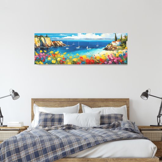 Brede zeegezicht mediterrane jachten en bloemen canvas afdruk (Insitu (Slaapkamer))