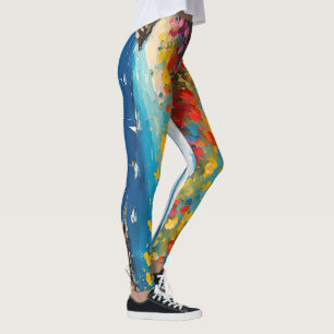 Brede zeegezicht mediterrane jachten en bloemen leggings