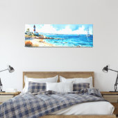 Brede zeegezicht mediterrane vuurtoren en jachten canvas afdruk (Insitu (Slaapkamer))