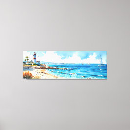 Brede zeegezicht mediterrane vuurtoren en jachten canvas afdruk