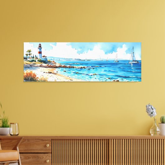 Brede zeegezicht mediterrane vuurtoren en jachten canvas afdruk (Insitu (Woonkamer))