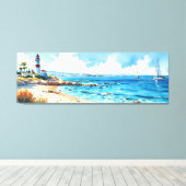 Brede zeegezicht mediterrane vuurtoren en jachten canvas afdruk (Insitu (Houten vloer))