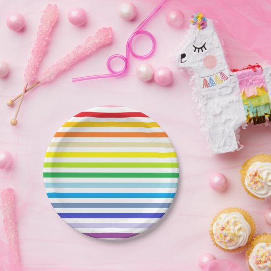 Breder spectrum regenboog en witte strepen papieren bordje (Feest)