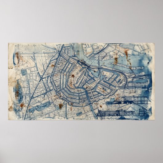 Breed Blauw Abstracte Kaart Lijnen Poster (Voorkant)