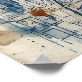 Breed Blauw Abstracte Kaart Lijnen Poster (Hoek)