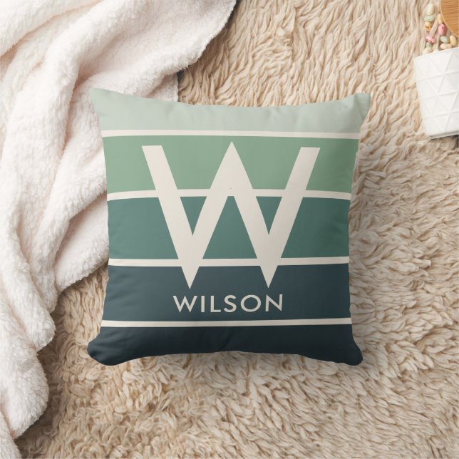 Breed donkergroen verloopstreepmonogram kussen (Deken)