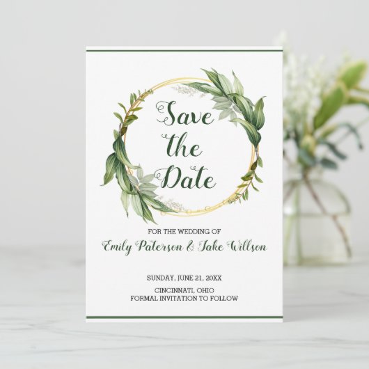 Breed van groene bladeren save the date (Staand voorkant)
