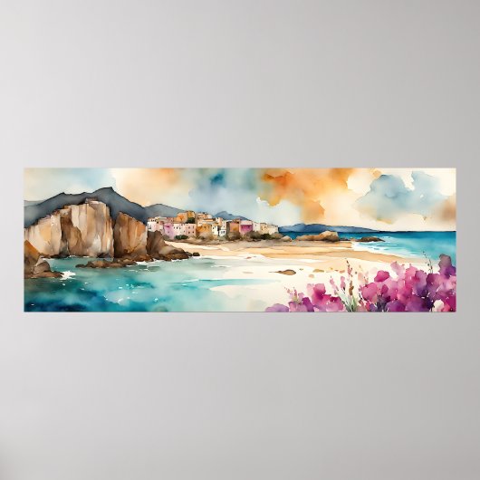Breed Zeegezicht Mediterraan Dorp per Zee Poster (Voorkant)