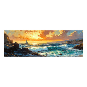 Breed zeegezicht Mediterraans gouden zonsondergang Foto Afdruk