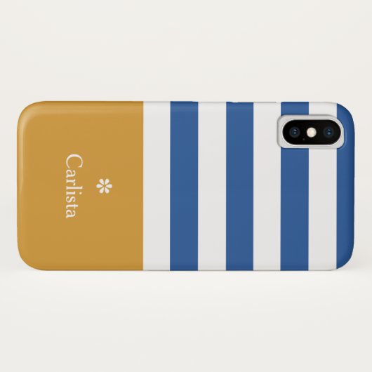 Breedblauw Horizontale Stripes Gold Name en Daisy Case-Mate iPhone Case (Achterkant (horizontaal))