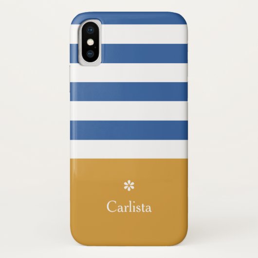 Breedblauw Horizontale Stripes Gold Name en Daisy Case-Mate iPhone Case (Achterkant)