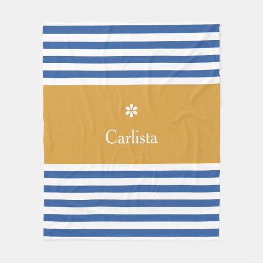 Breedblauw Horizontale Stripes Gold Name en Daisy Fleece Deken (Voorkant)