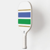 Breedblauwe felgroene racestrepen op wit pickleball paddle (Links)