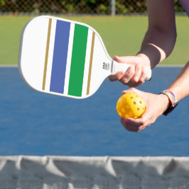 Breedblauwe felgroene racestrepen op wit pickleball paddle